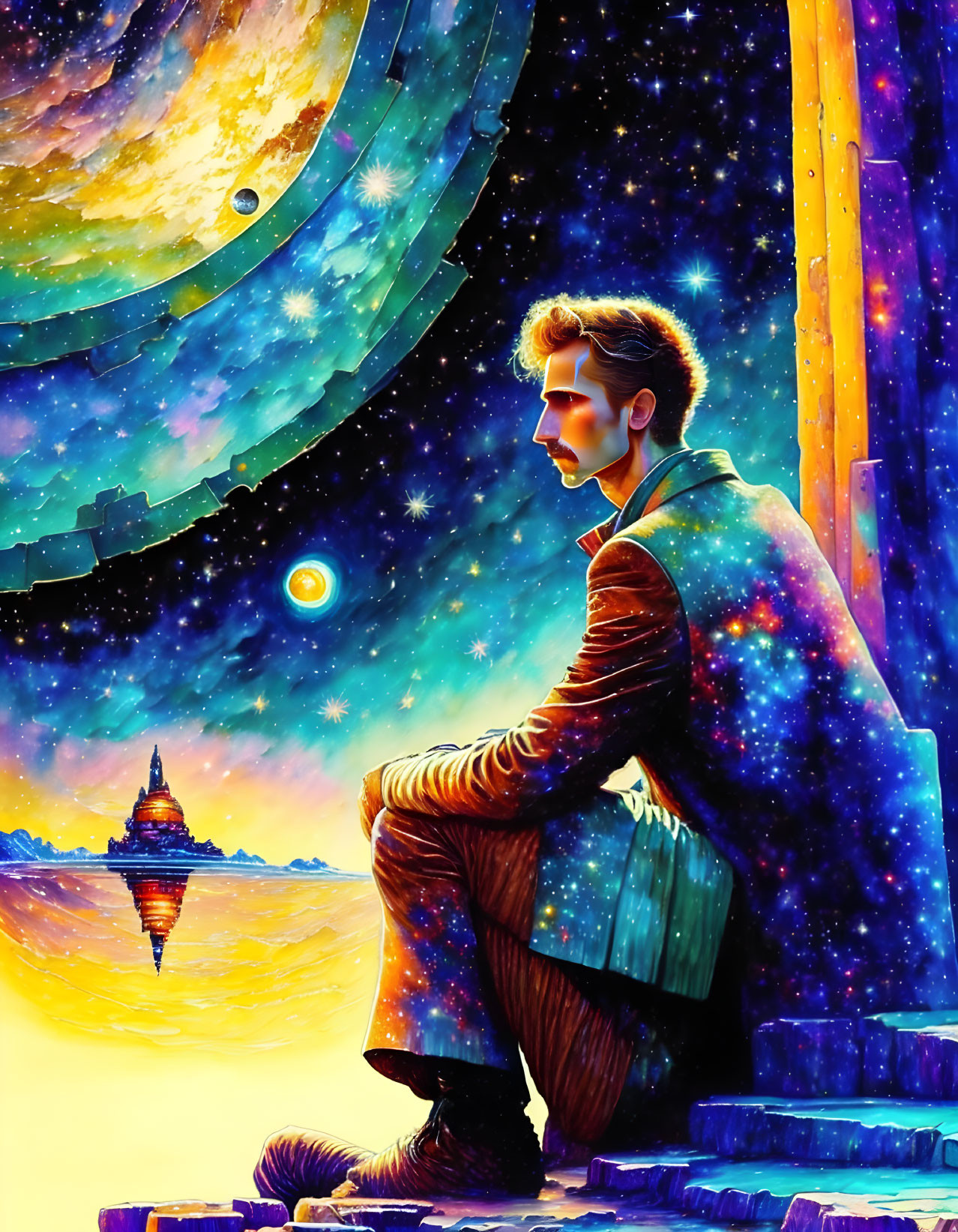 Man sitting under vibrant cosmic sky with stars, planets, and nebula by ancient ruins