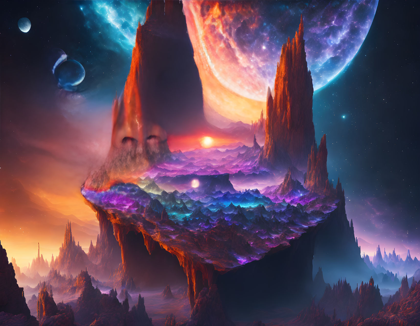 Fantastical floating landscape with alien sky and two moons