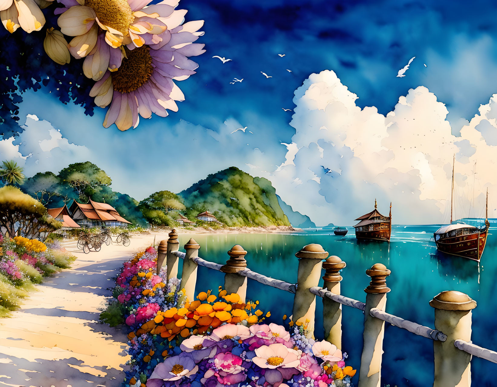 Scenic coastal landscape with flower-lined path, traditional houses, boats, and birds.