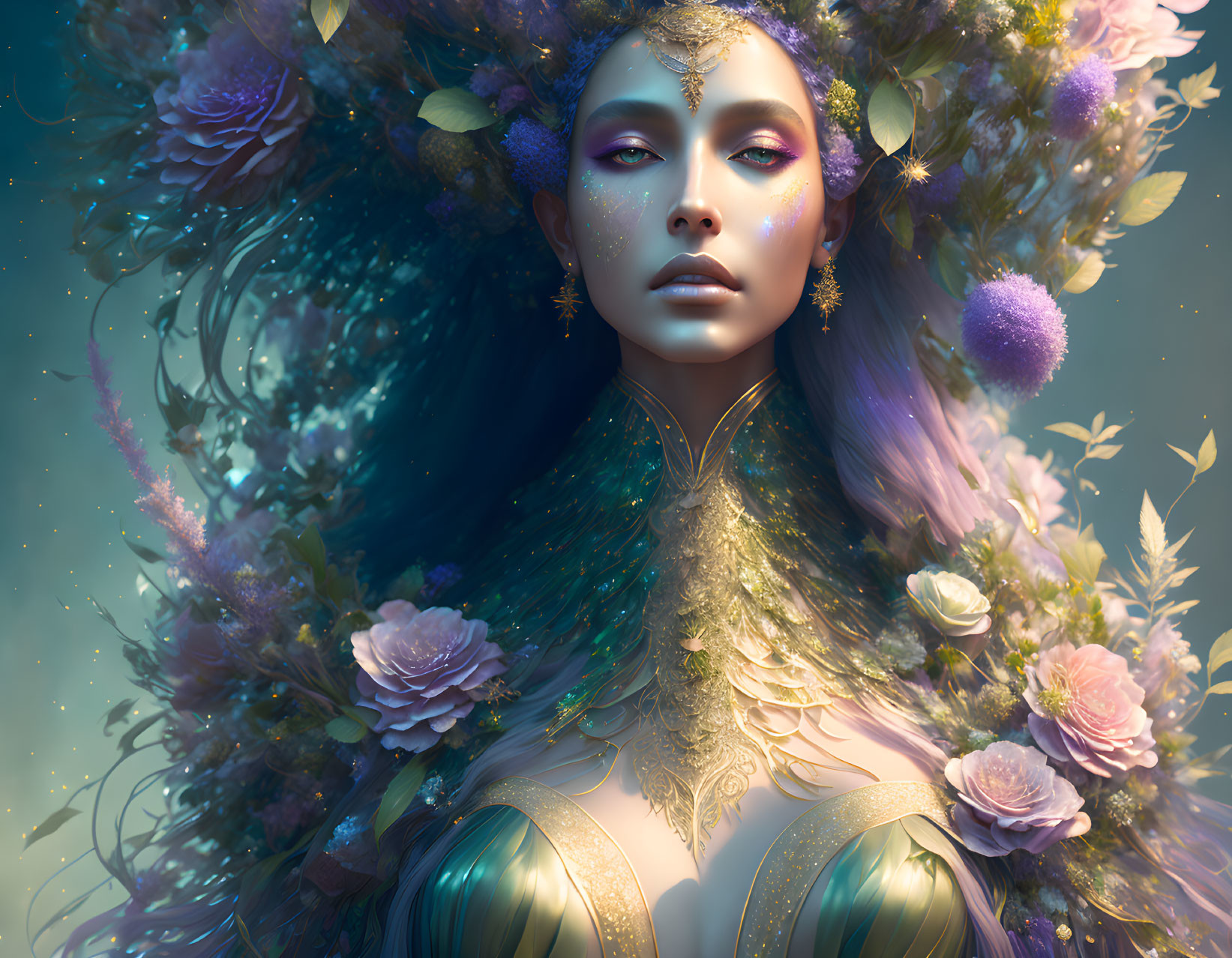 Fantasy illustration of woman with floral adornments and mystical aura