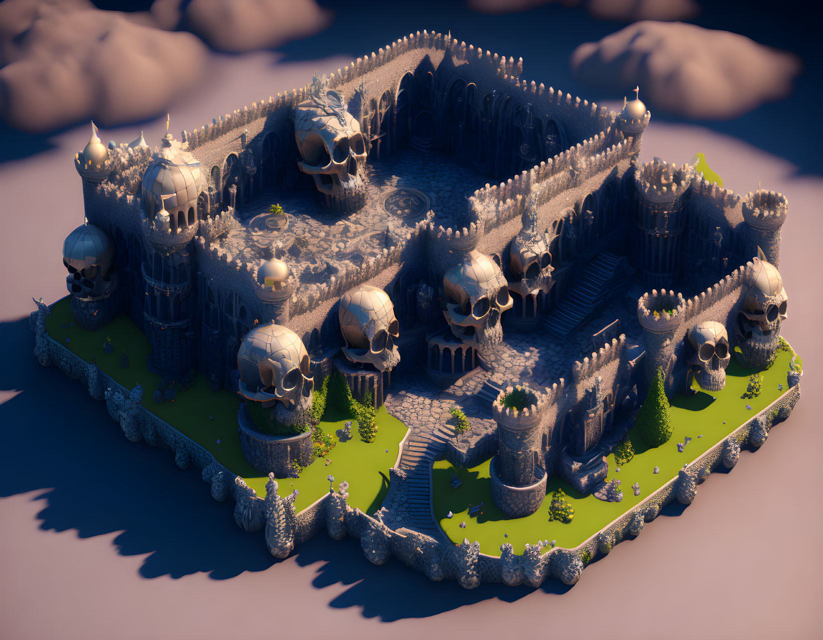 Miniature Gothic Castle Model with Skull Motifs on Floating Island in Dusky Sky