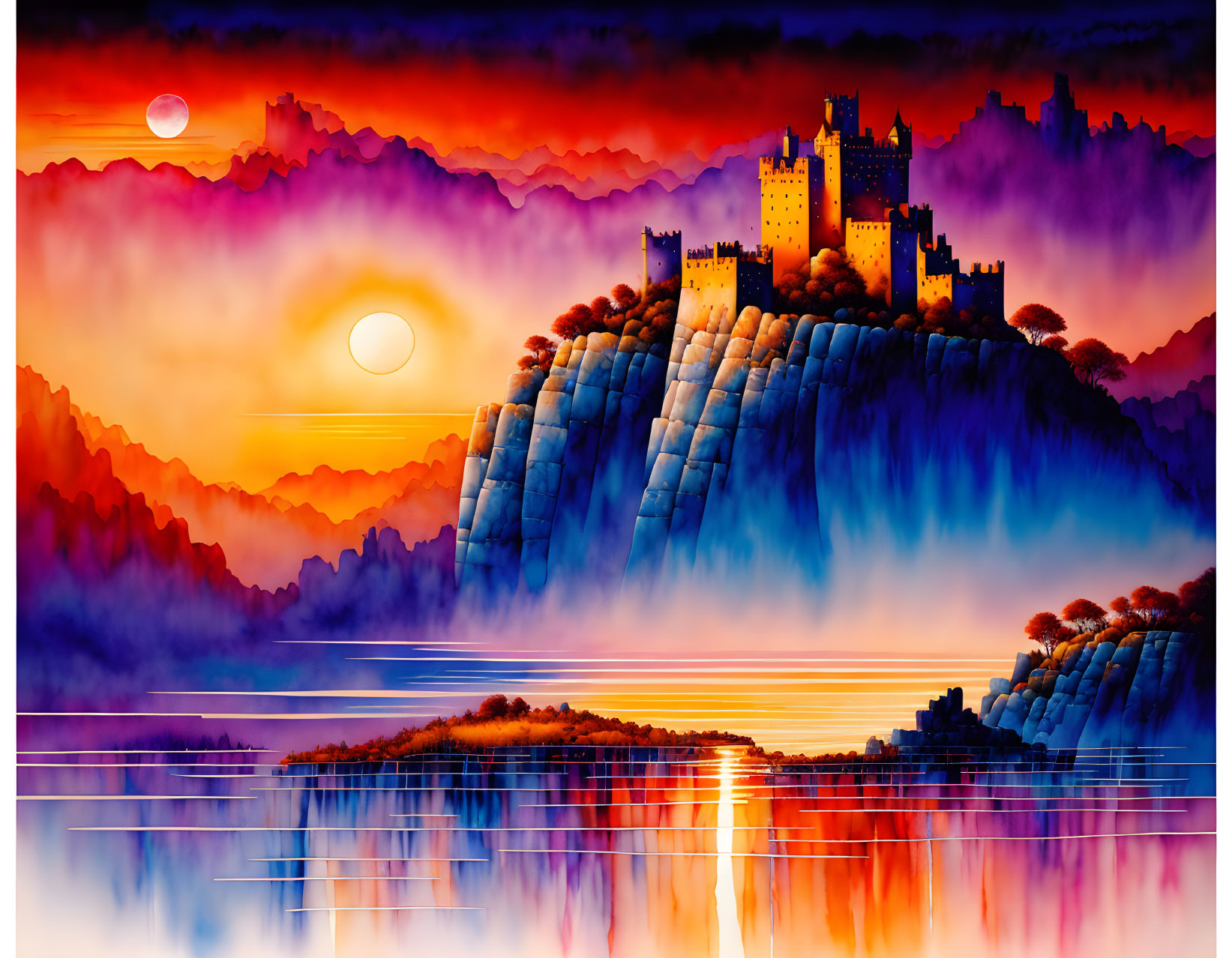 Fantasy landscape with cliff-top castles and dual-sun sunset