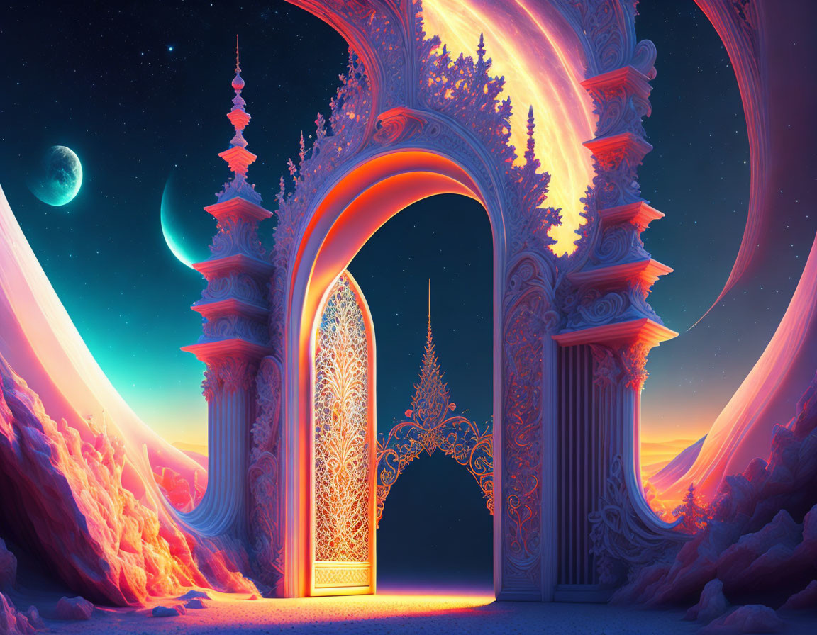 Fantasy landscape with ornate archways, crescent moon, stars, and glowing structures