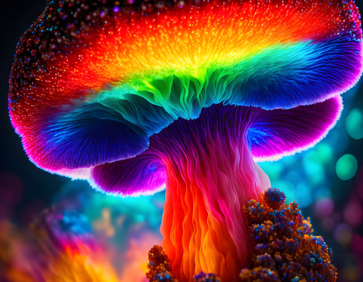 Colorful digital artwork: Neon rainbow mushroom on dark bokeh backdrop