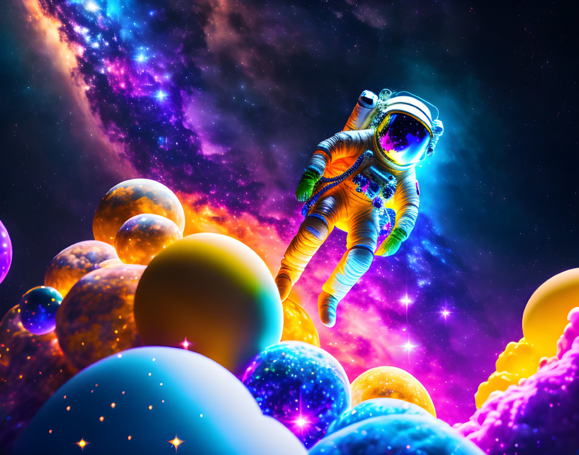 Astronaut floating among surreal, colorful planets in vibrant cosmic scene