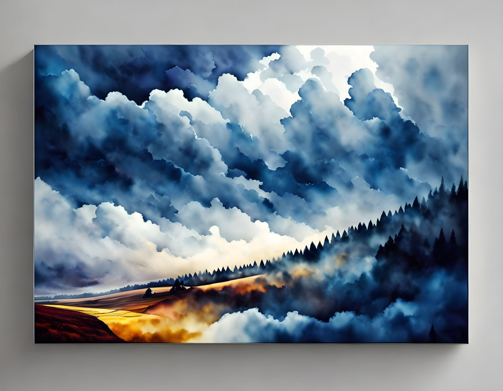 Dramatic sky canvas print with blue clouds over misty landscape