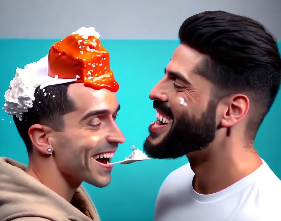 Men laughing with whipped cream, blue-turquoise backdrop