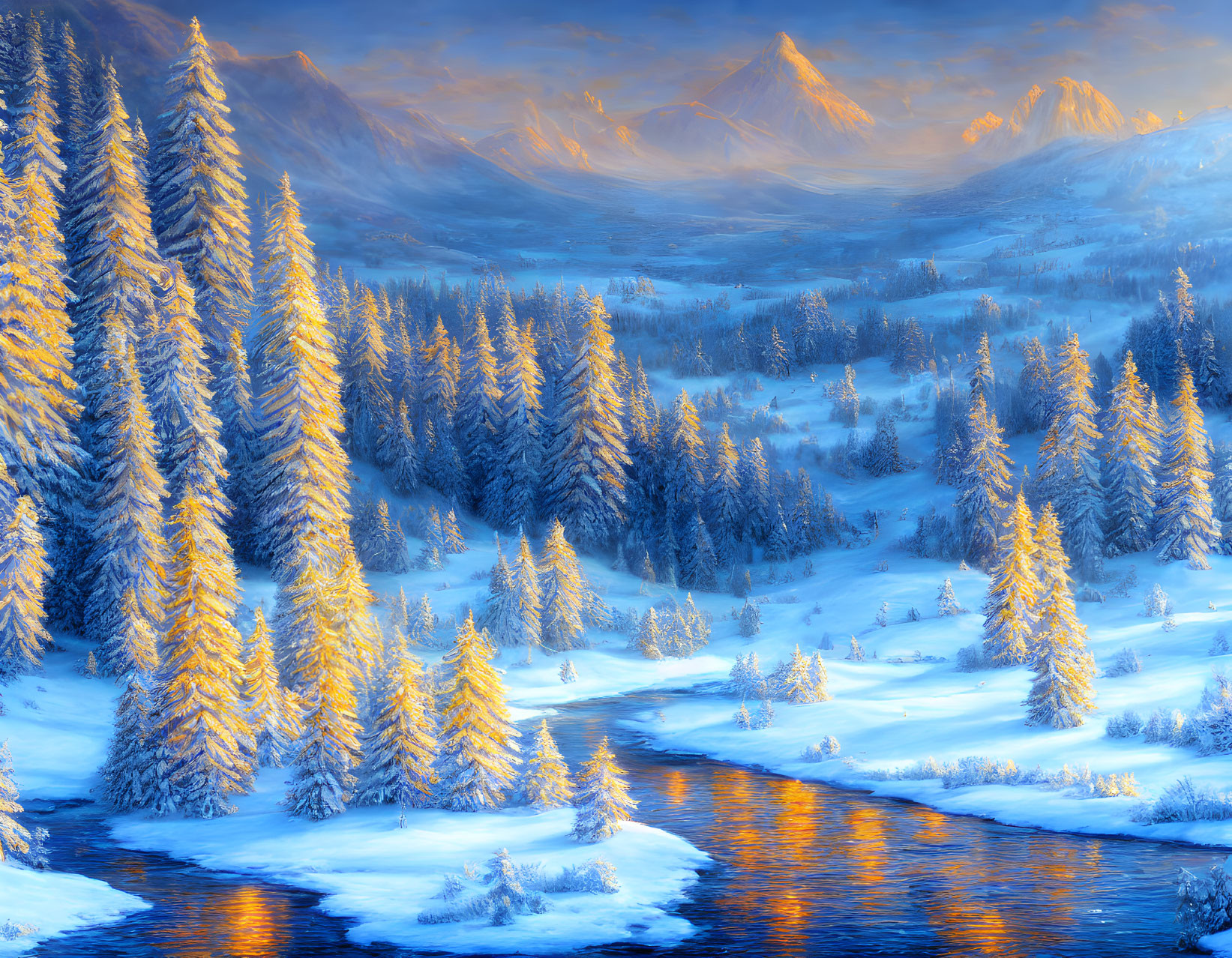 Scenic winter landscape with river, trees, and mountains