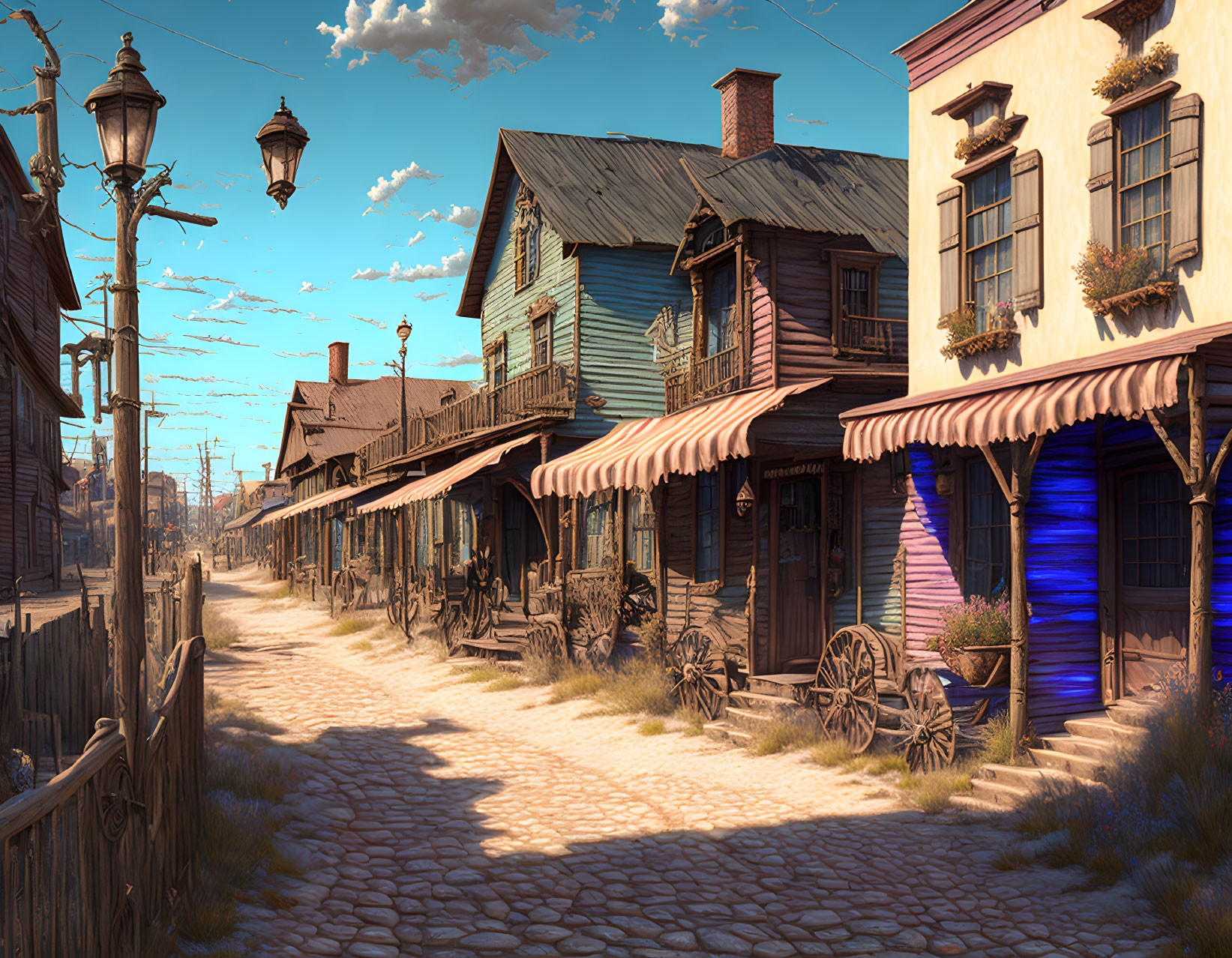 Vintage western town with wooden buildings and cobblestone streets