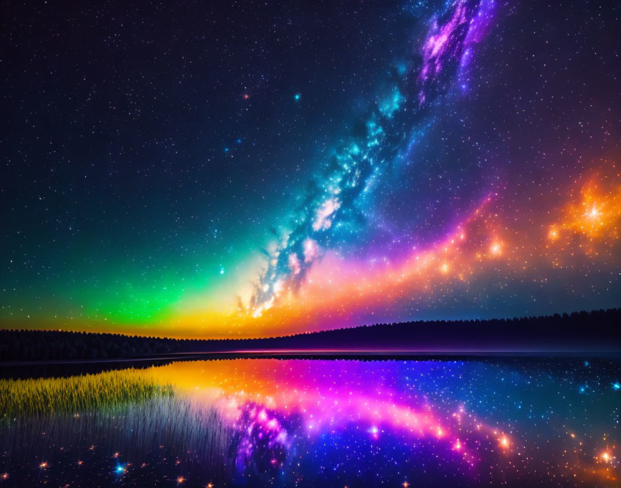 Starry night sky and Milky Way galaxy over serene lake