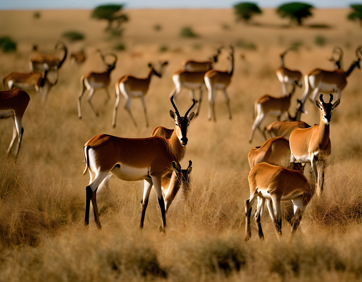 Impalas grazing on sunlit savanna with scattered trees