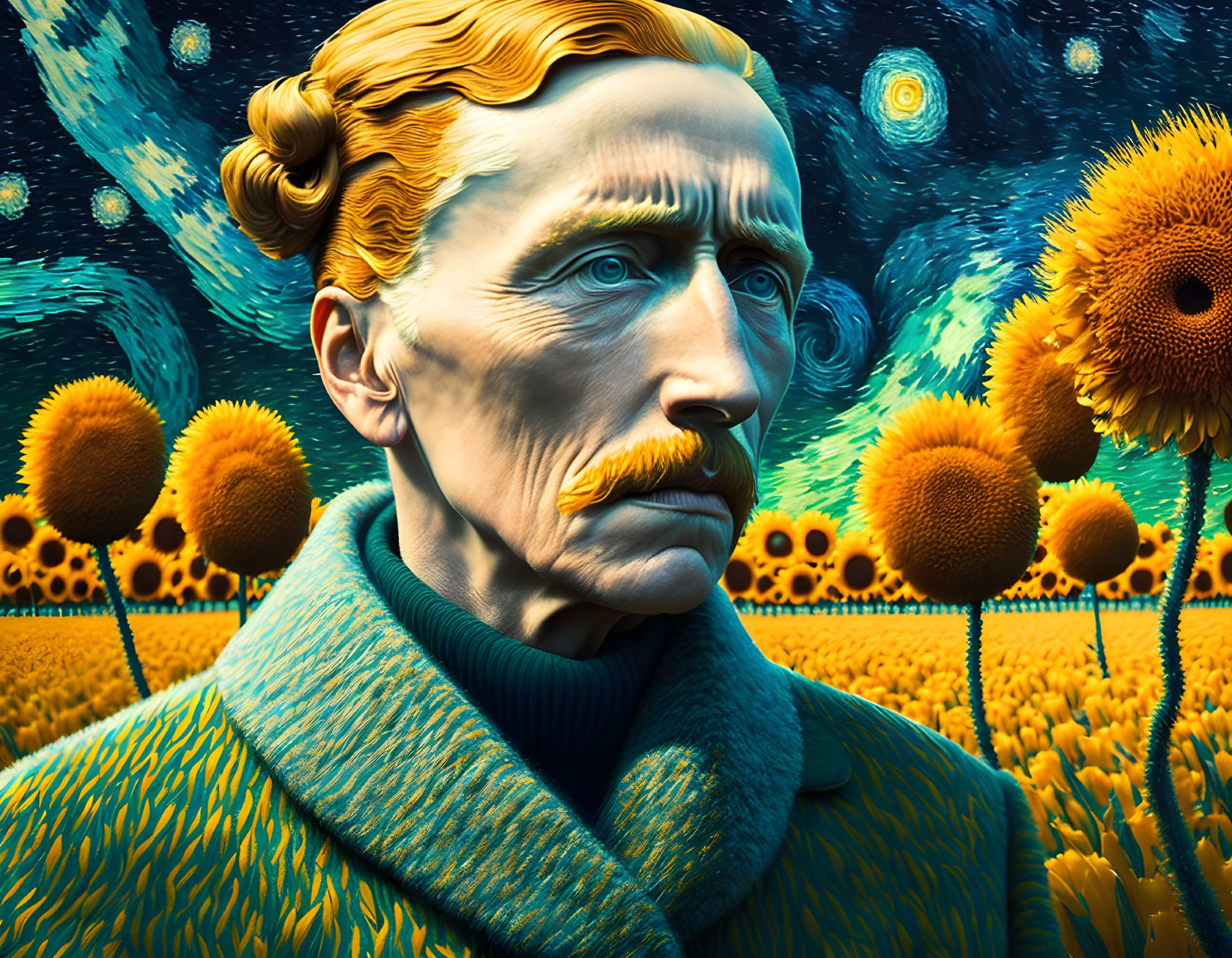 Stylized portrait with swirling night sky and sunflowers