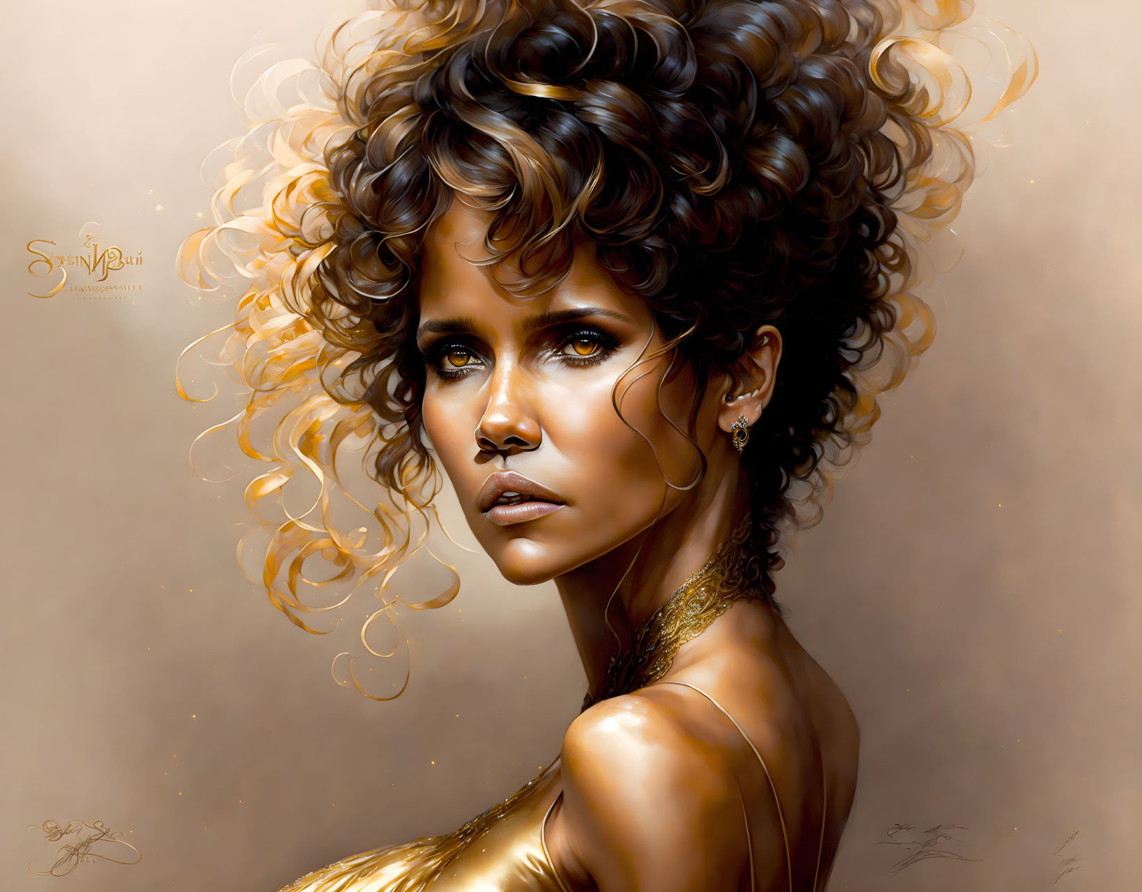 Portrait of a woman with curly hair and golden dress, featuring intense gaze and signature.