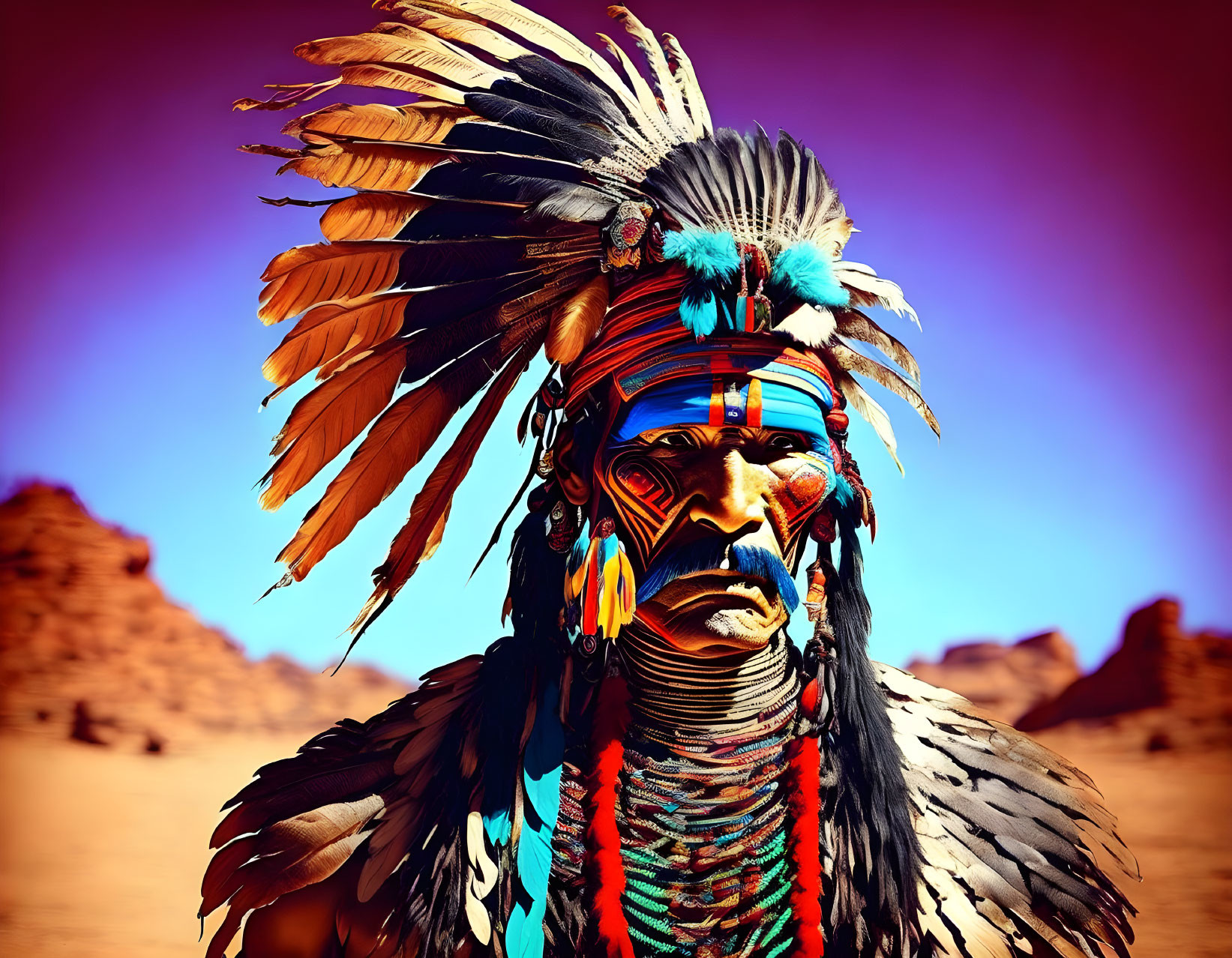 Native American headdress with feathers and face paint in desert landscape