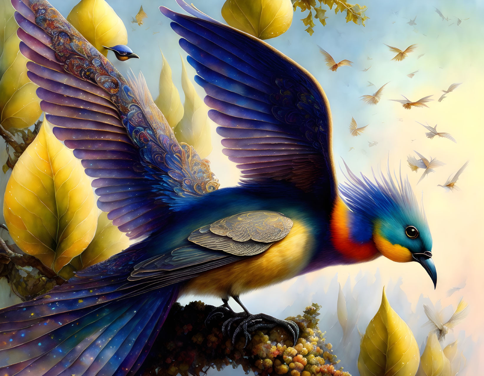 Colorful fantastical bird with extended wings in autumn setting.