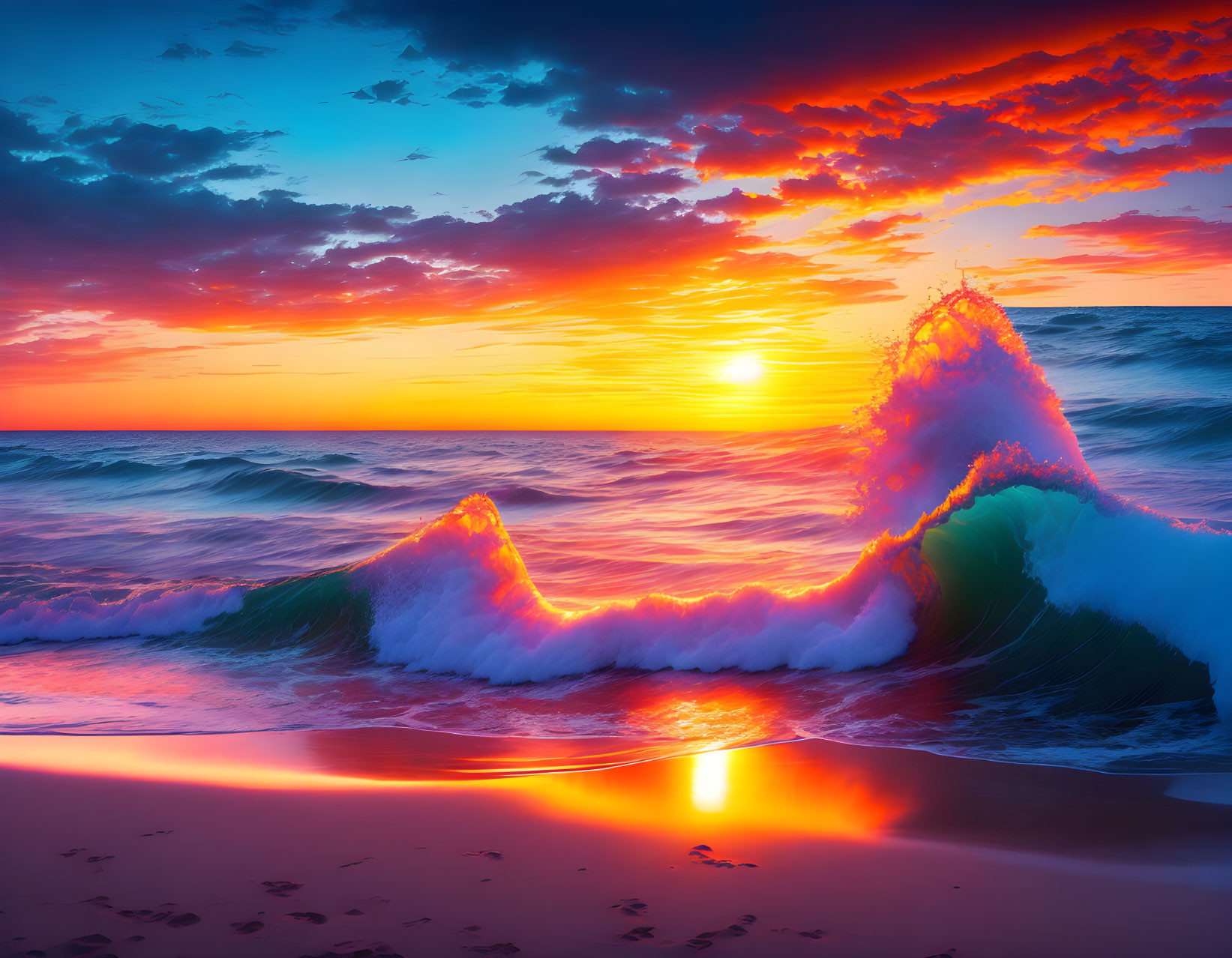 Fiery beach sunset with glowing sun, illuminated waves