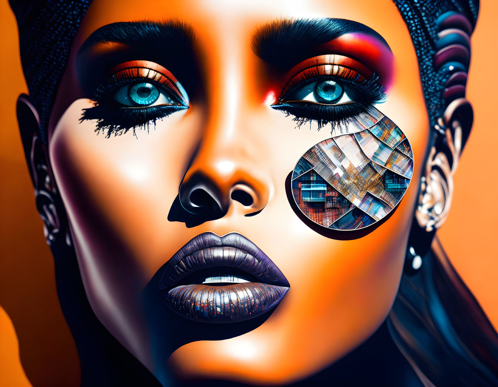 Vivid makeup woman portrait with geometric eye pattern on orange background