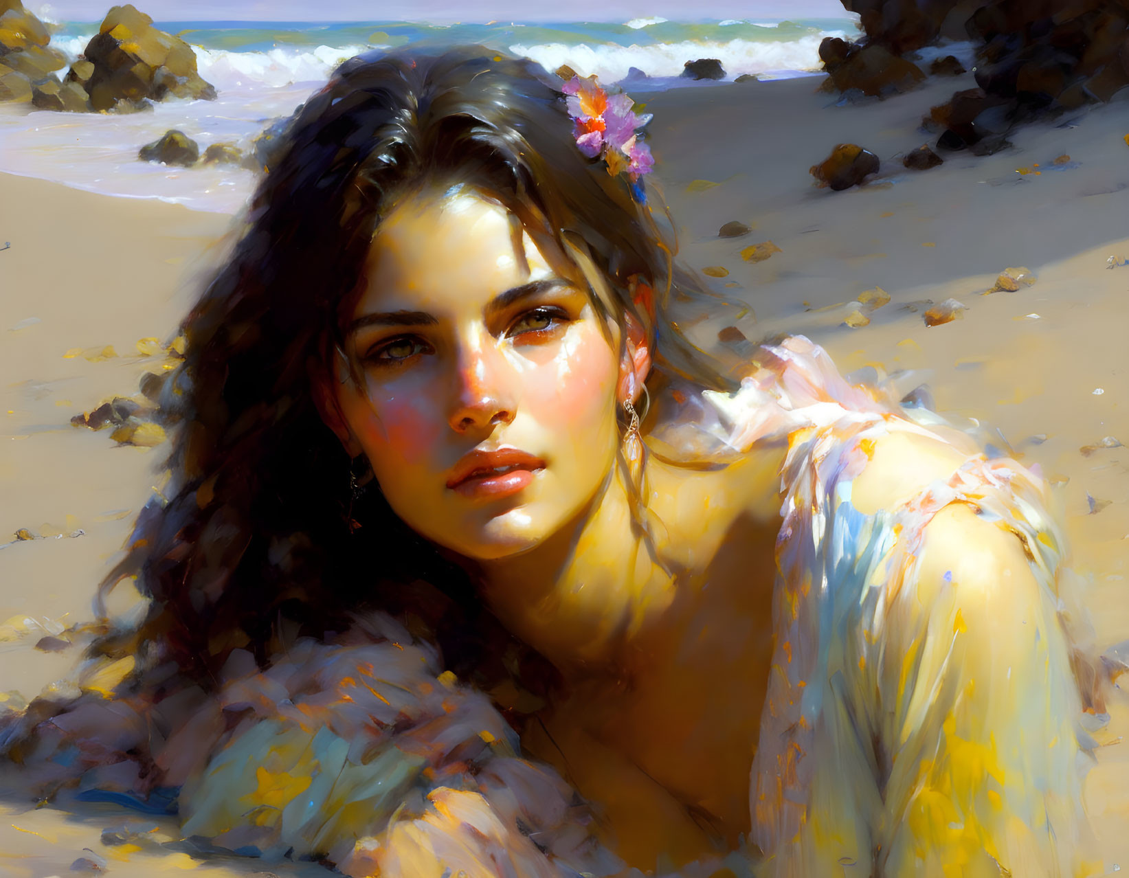 Woman with flower in hair sitting on sunny beach with rocks in sandy attire