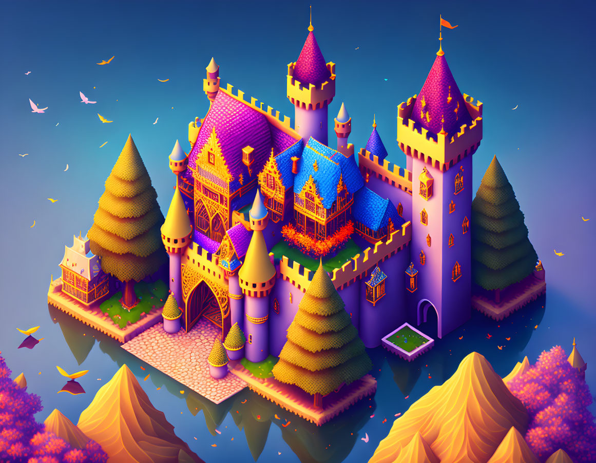 Fantasy castle with purple and gold towers in twilight setting