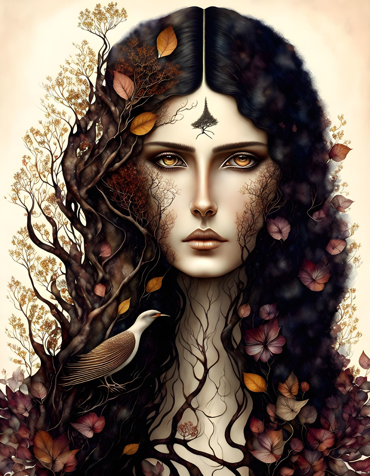 Illustration: Woman with Dark Hair, Autumn Leaves, Bird, and Star