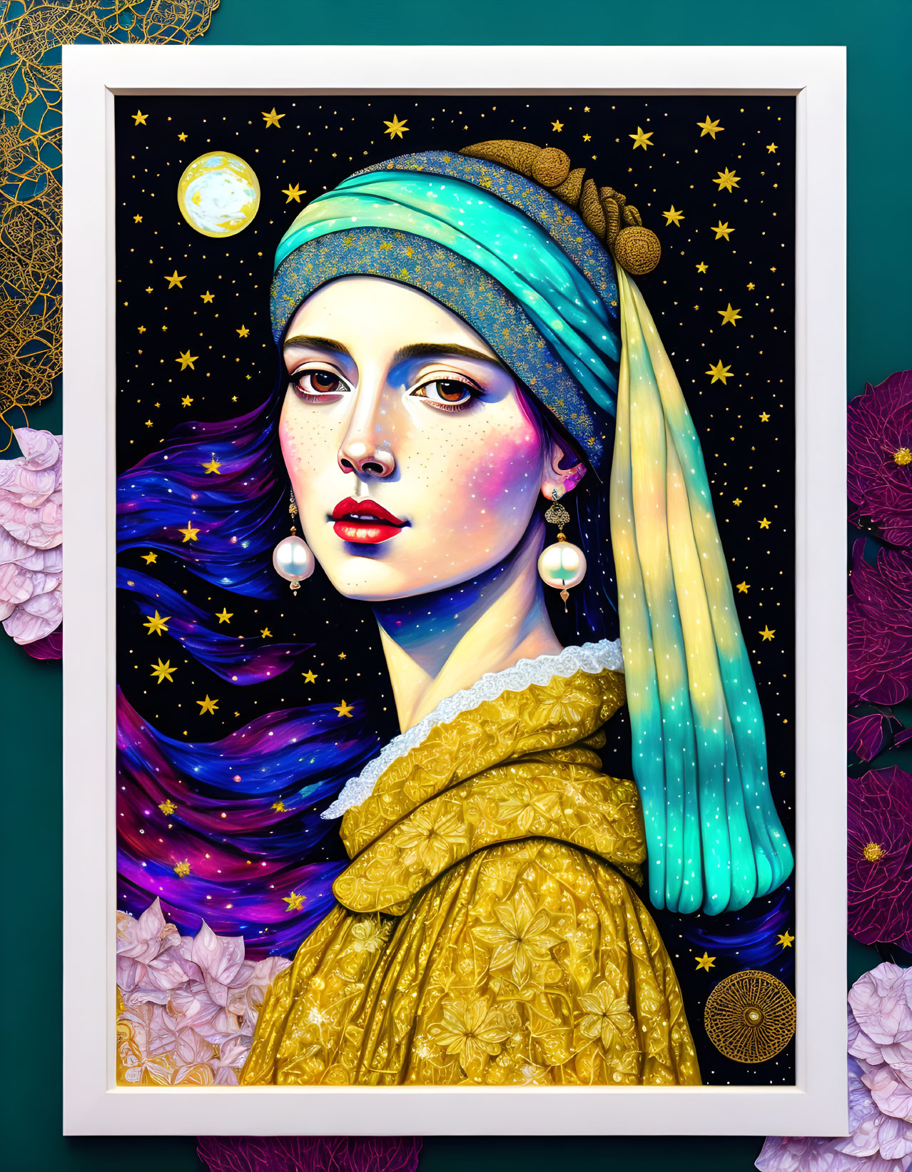 Stylized woman with cosmic hair and blue turban in moonlit scene