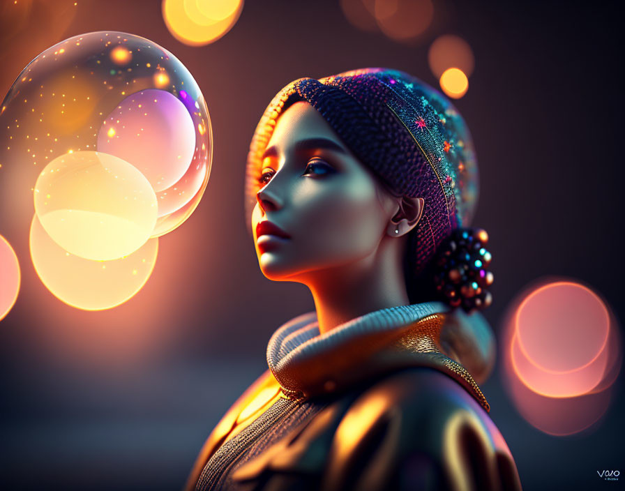 Contemplative woman in beanie gazes at glowing bubbles in warm bokeh light