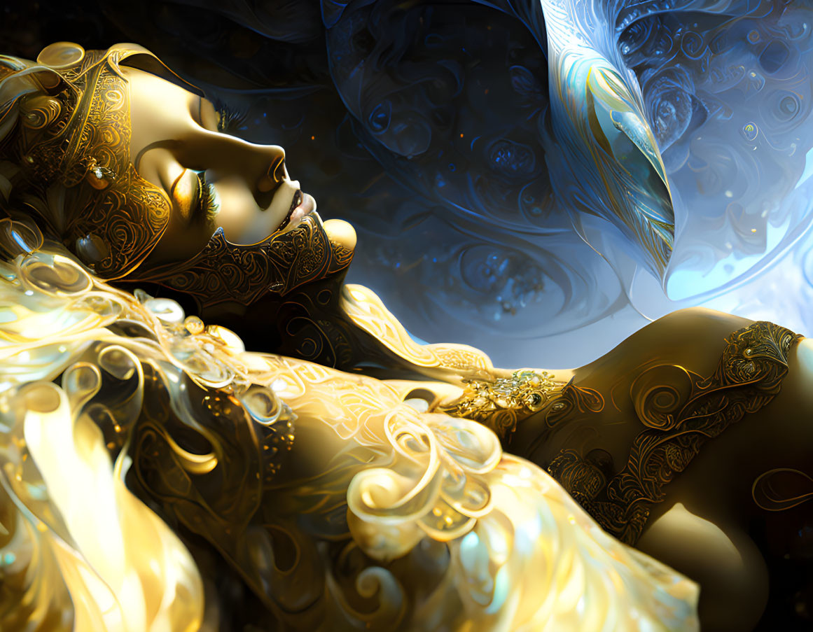 Ethereal figure with gold patterns in blue and gold mystical setting