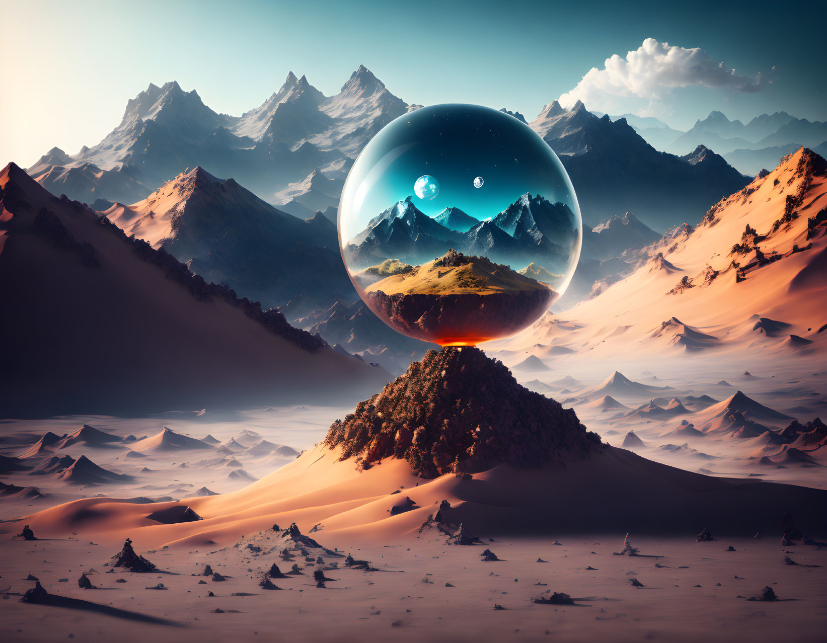 Surreal landscape with mountains, desert, and crystal ball scenery