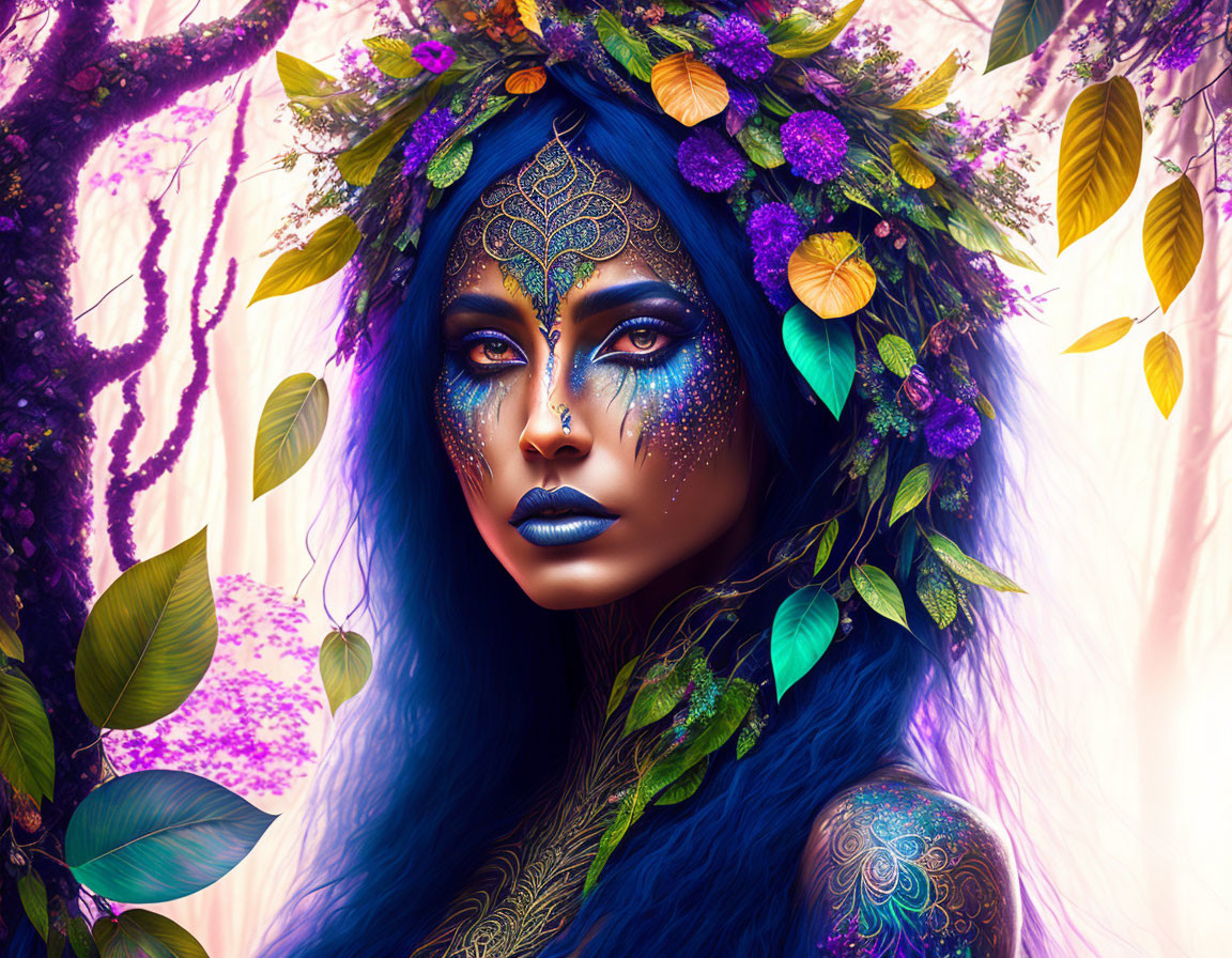 Vibrant blue-skinned person with ornate markings and floral headdress in whimsical setting