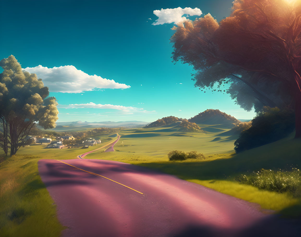 Scenic winding road in sunlit landscape with village, hills, and trees