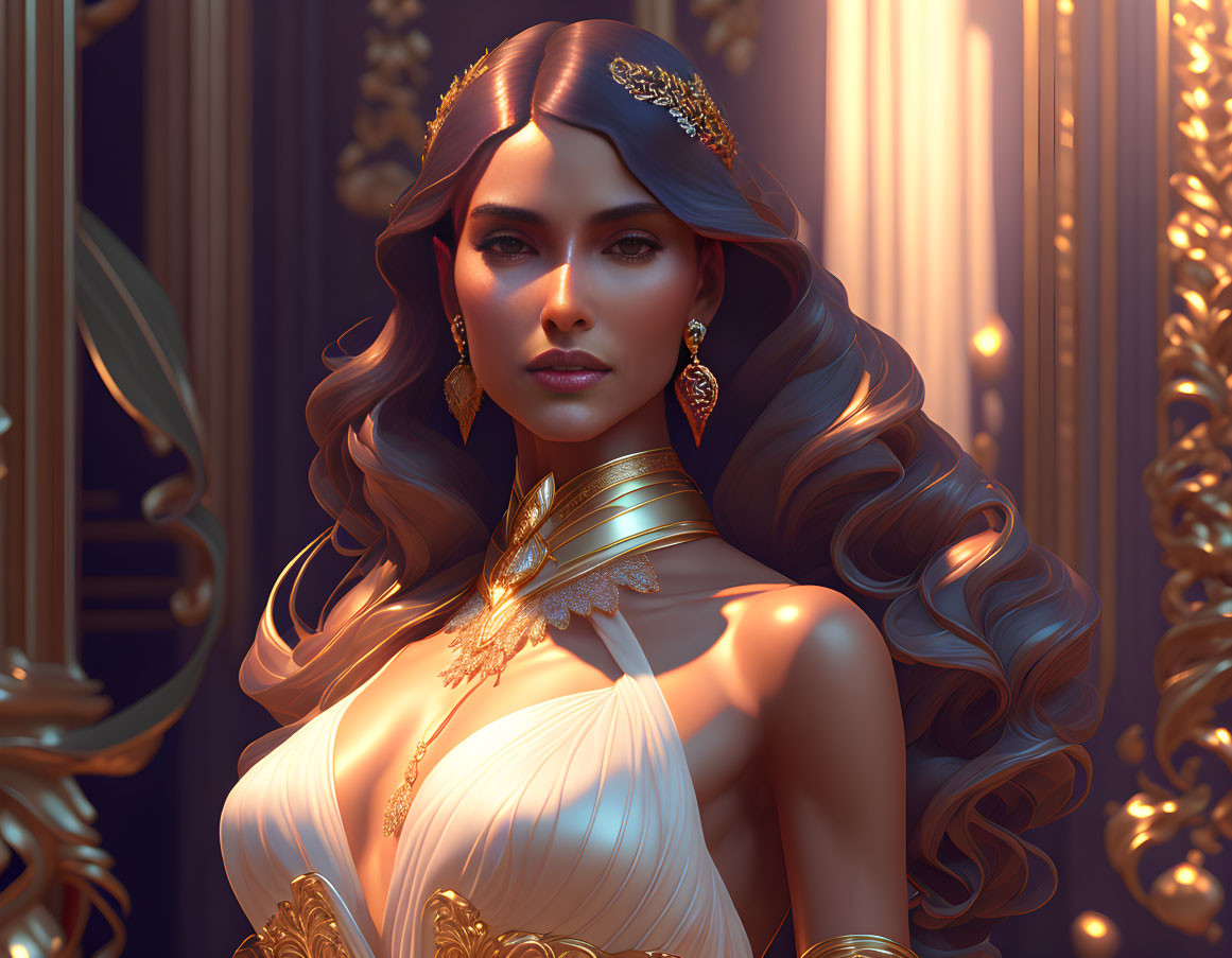 Illustration of woman with flowing hair and elegant jewelry on golden backdrop