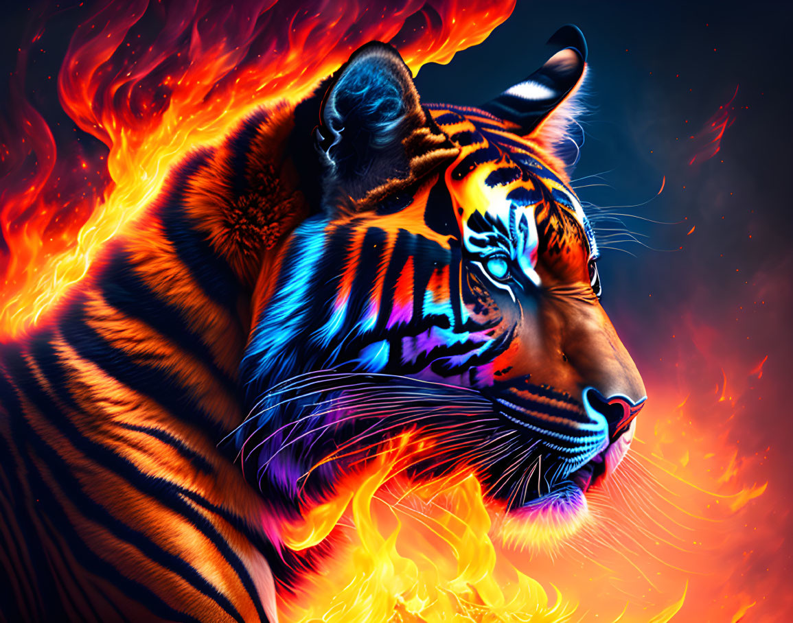 Colorful Tiger Artwork with Flame-Inspired Fur