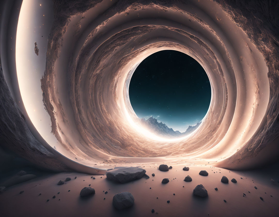 Surreal desert landscape with swirling sky vortex and distant mountains