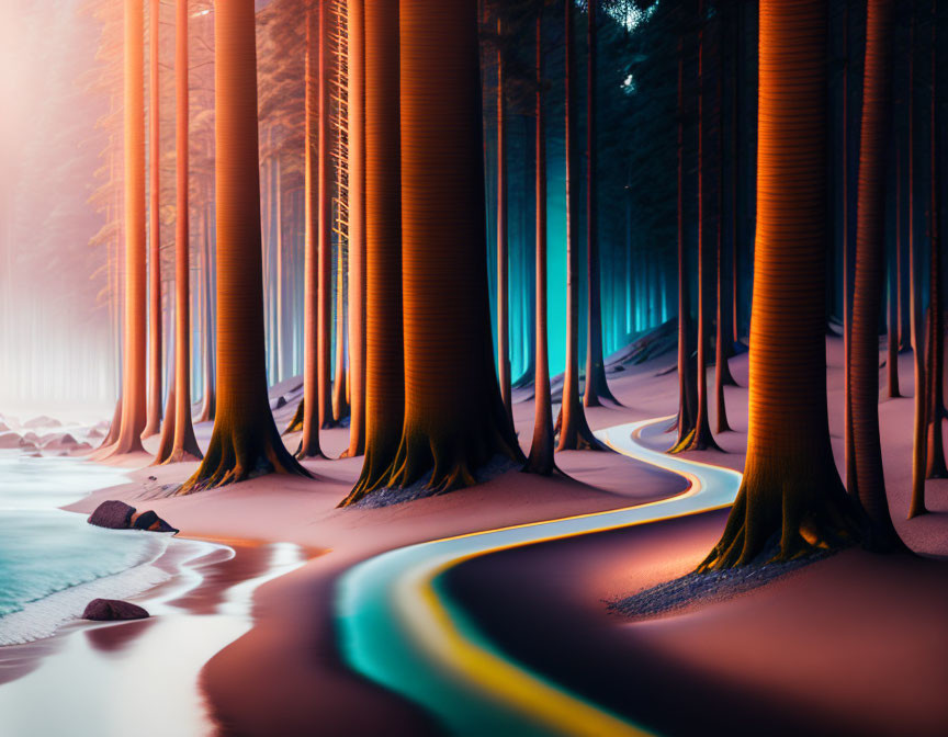 Tranquil forest with tall trees and golden-lit paths near a calm beach