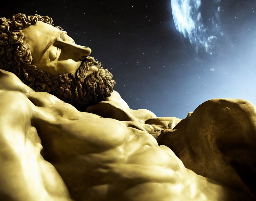 Gigantic bearded man statue reclining under crescent moon