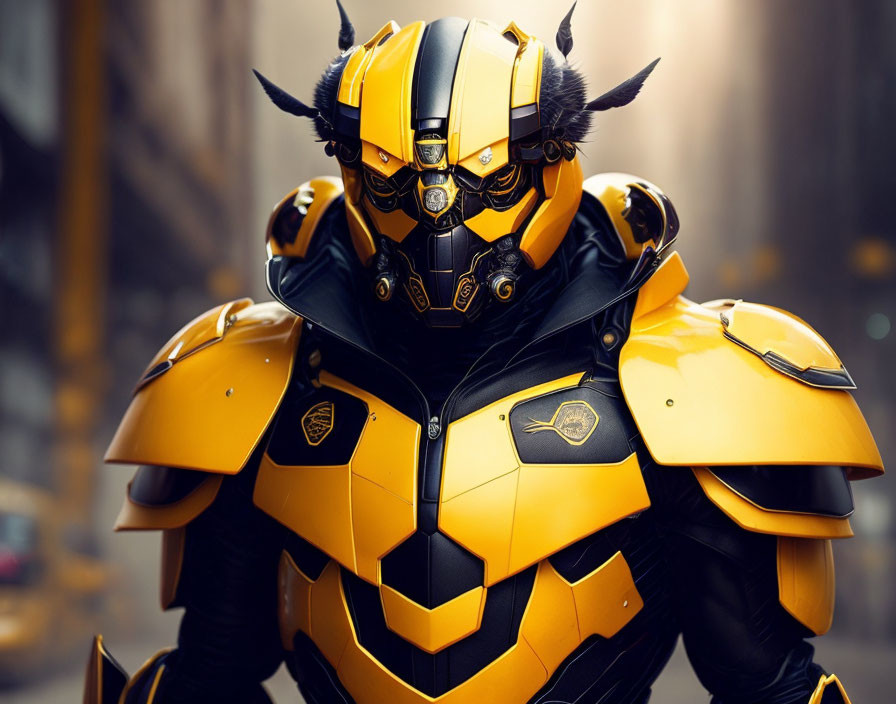 Detailed Yellow and Black Transformer-Like Costume Against City Background