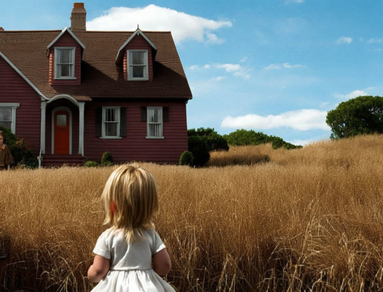 Child in White Dress in Golden Field near Red House