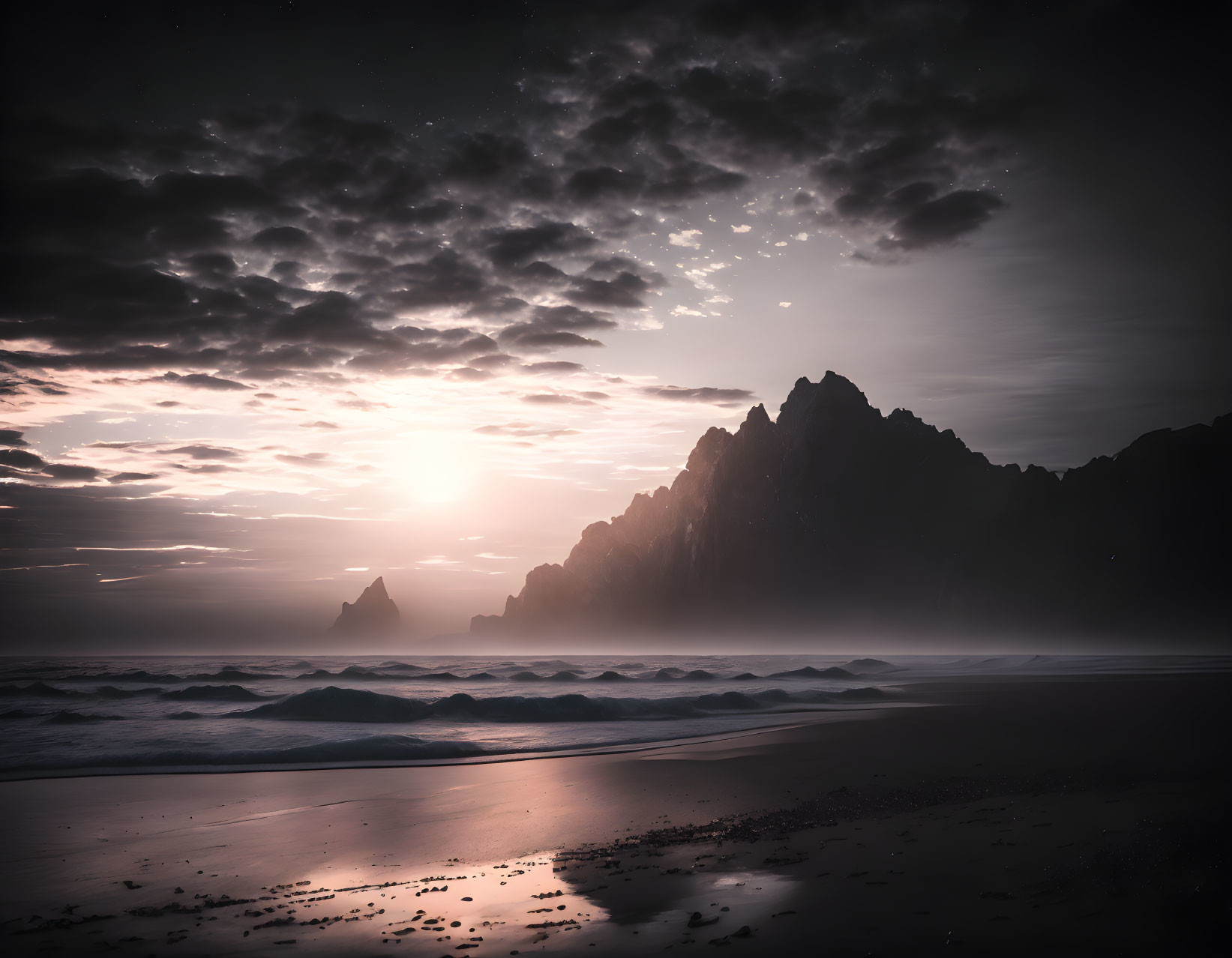 Tranquil twilight beach scene with cliffs and glowing horizon