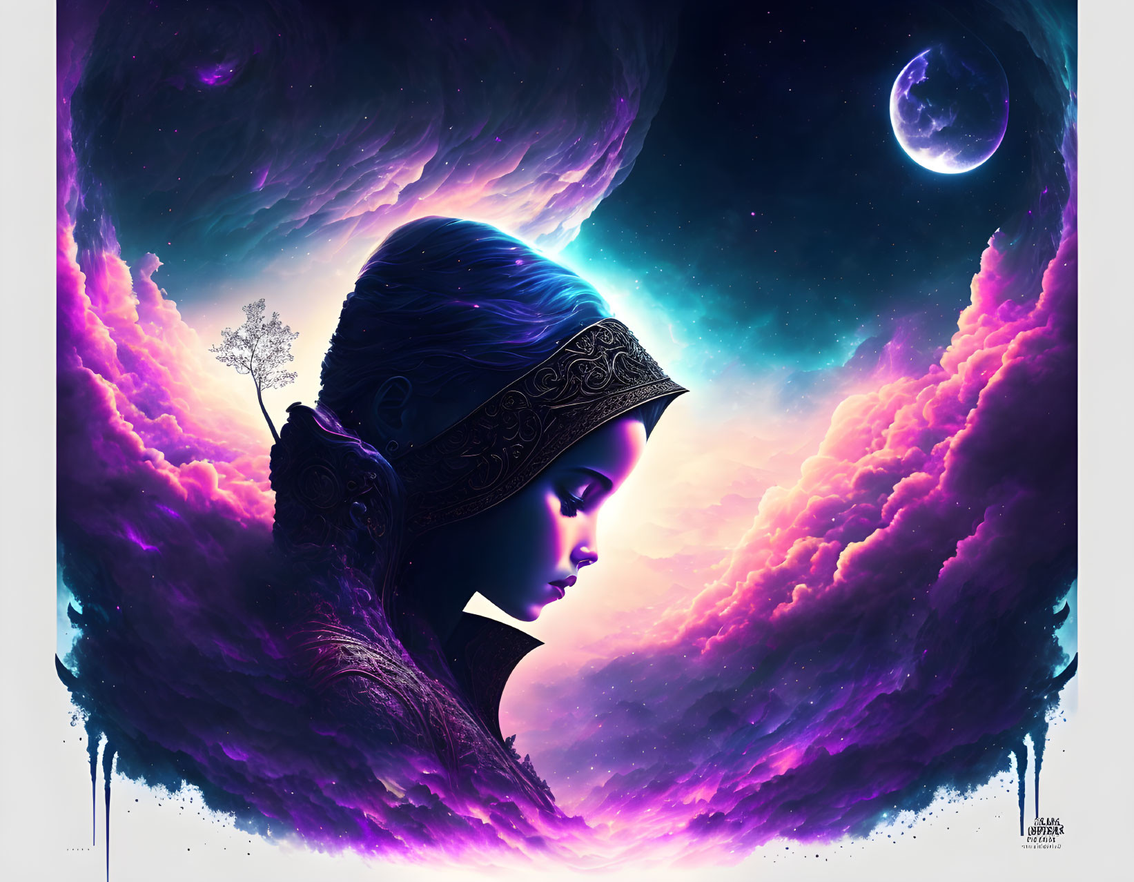 Surreal woman's profile with cosmic elements and vibrant purple clouds