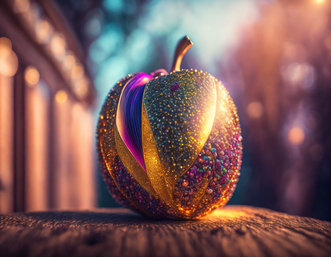 Multicolored apple with swirling design on wooden surface