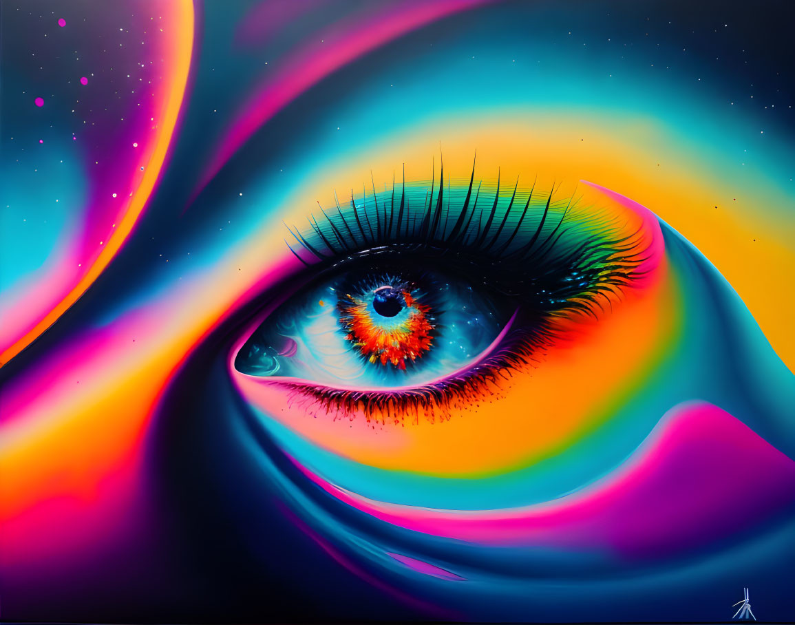 Detailed surreal artwork: Hyper-detailed eye in neon swirls and cosmic elements