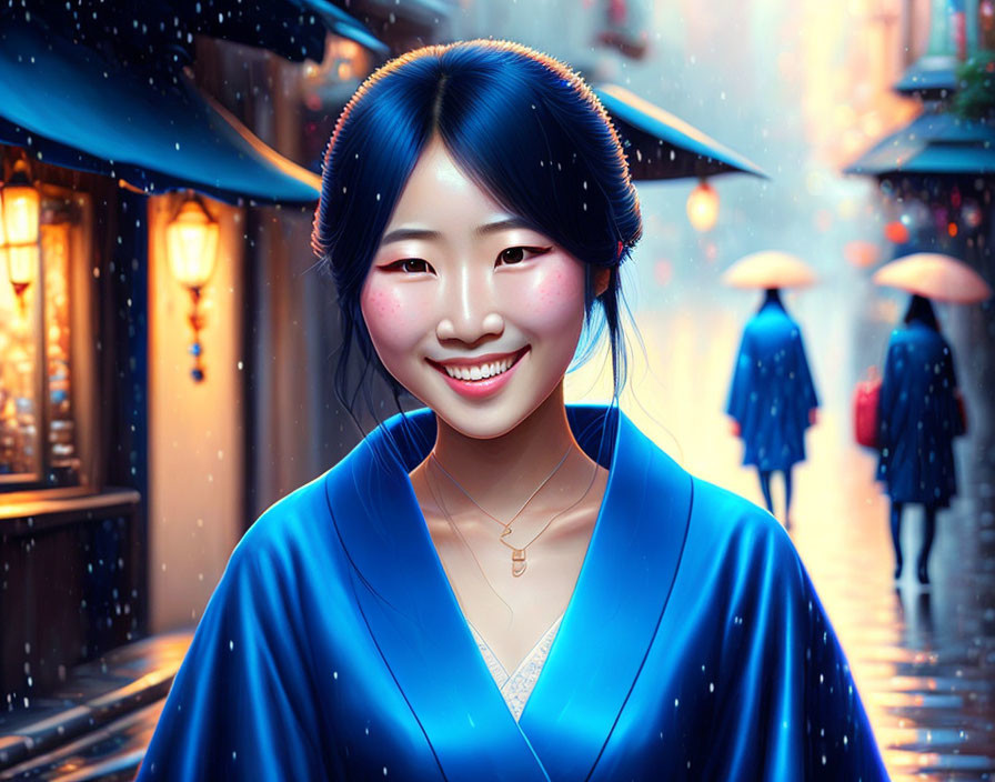 Smiling woman in blue traditional attire on snowy street with pedestrians and umbrellas