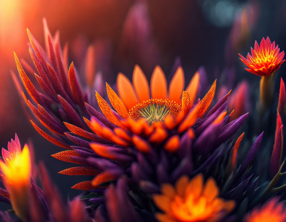 Orange and Purple Flowers in Soft Light with Dreamy Blurred Background