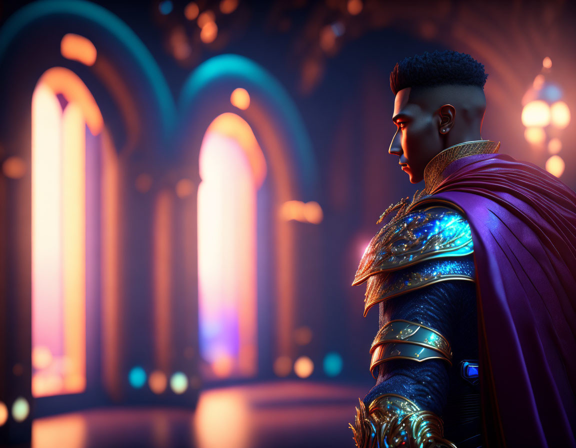 Regal animated character in ornate armor against glowing arches