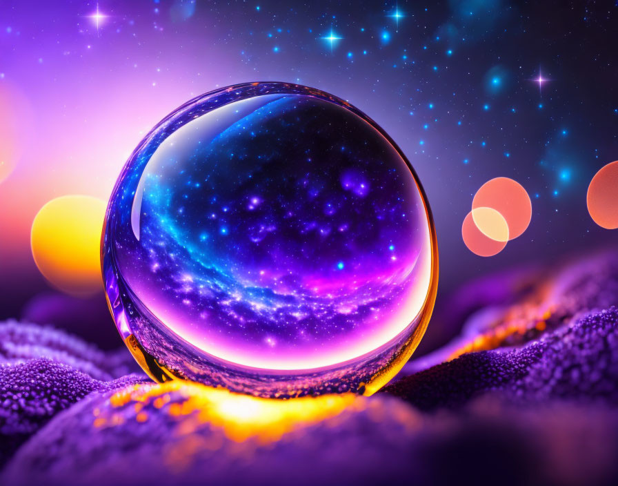 Crystal Ball Reflecting Starry Night Sky with Purple and Blue Aura