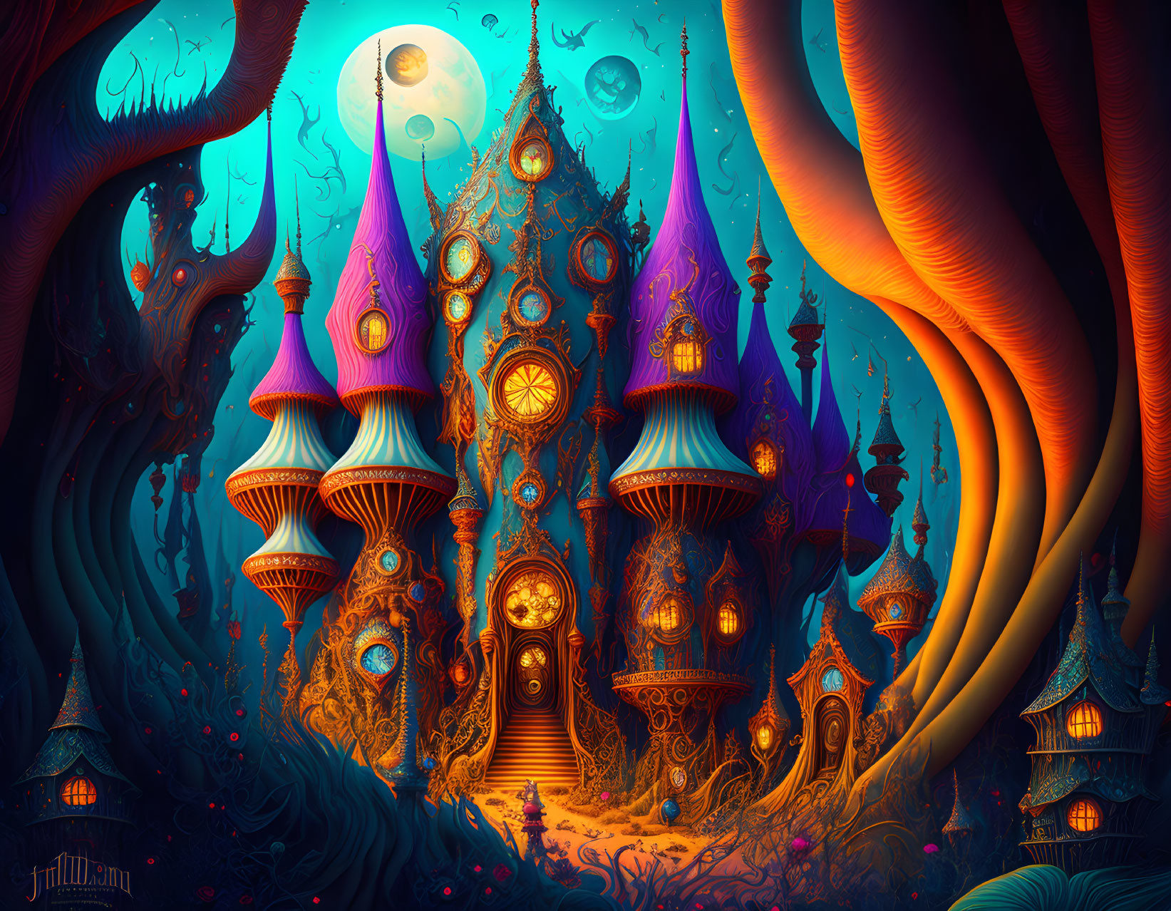 Fantastical landscape with whimsical tree-like structures and purple rooftops under a moonlit sky