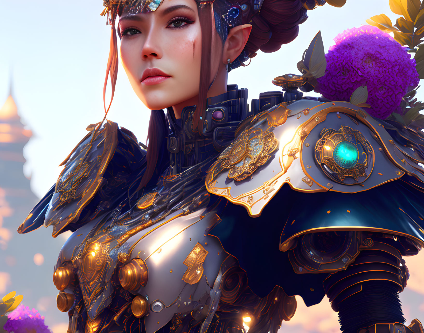 Detailed close-up of female character in ornate armor with golden designs, illuminated centerpiece, and fantastical