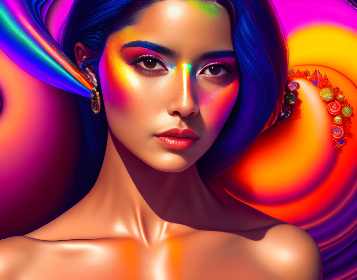 Colorful portrait of a woman with vibrant makeup and earrings on abstract background