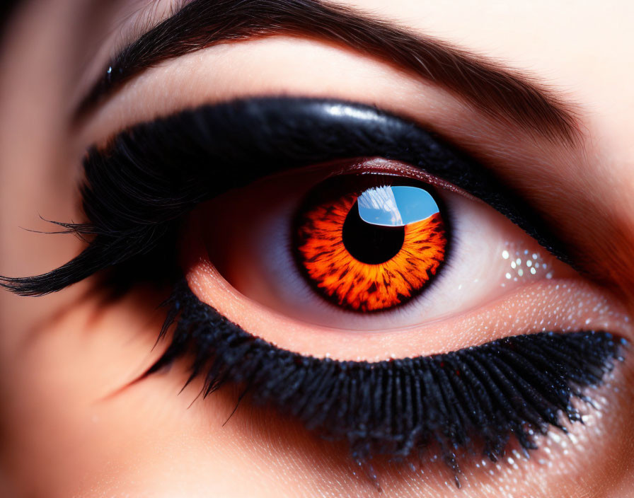 Detailed close-up of vibrant orange iris with dramatic black eyeliner and full mascara