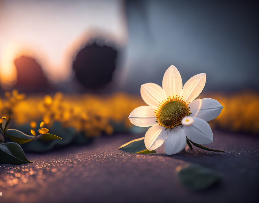 White daisy with golden center on textured surface, surrounded by yellow flowers and sunlight